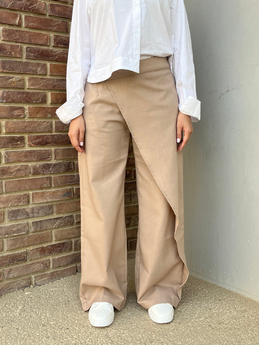 Dark Beige Wrap Linen Pants