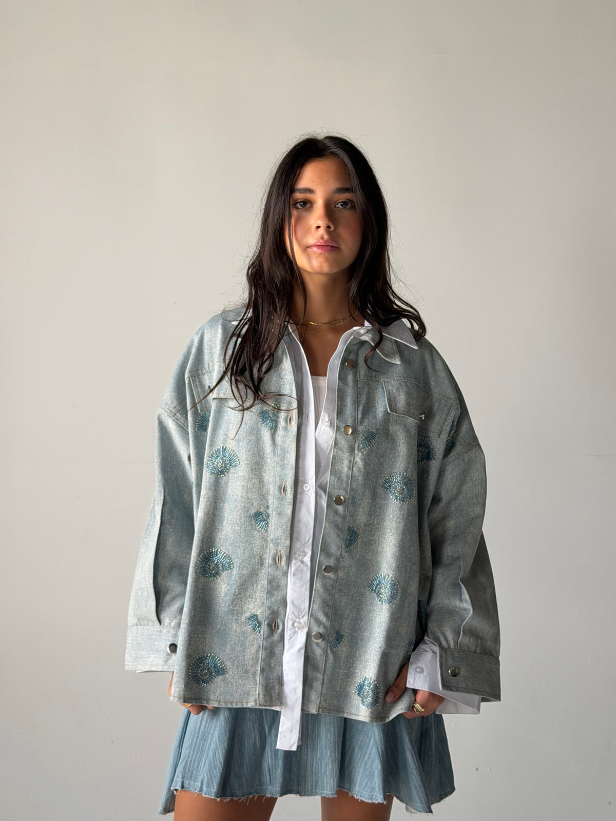 Denim shirt embelished shells- Blue