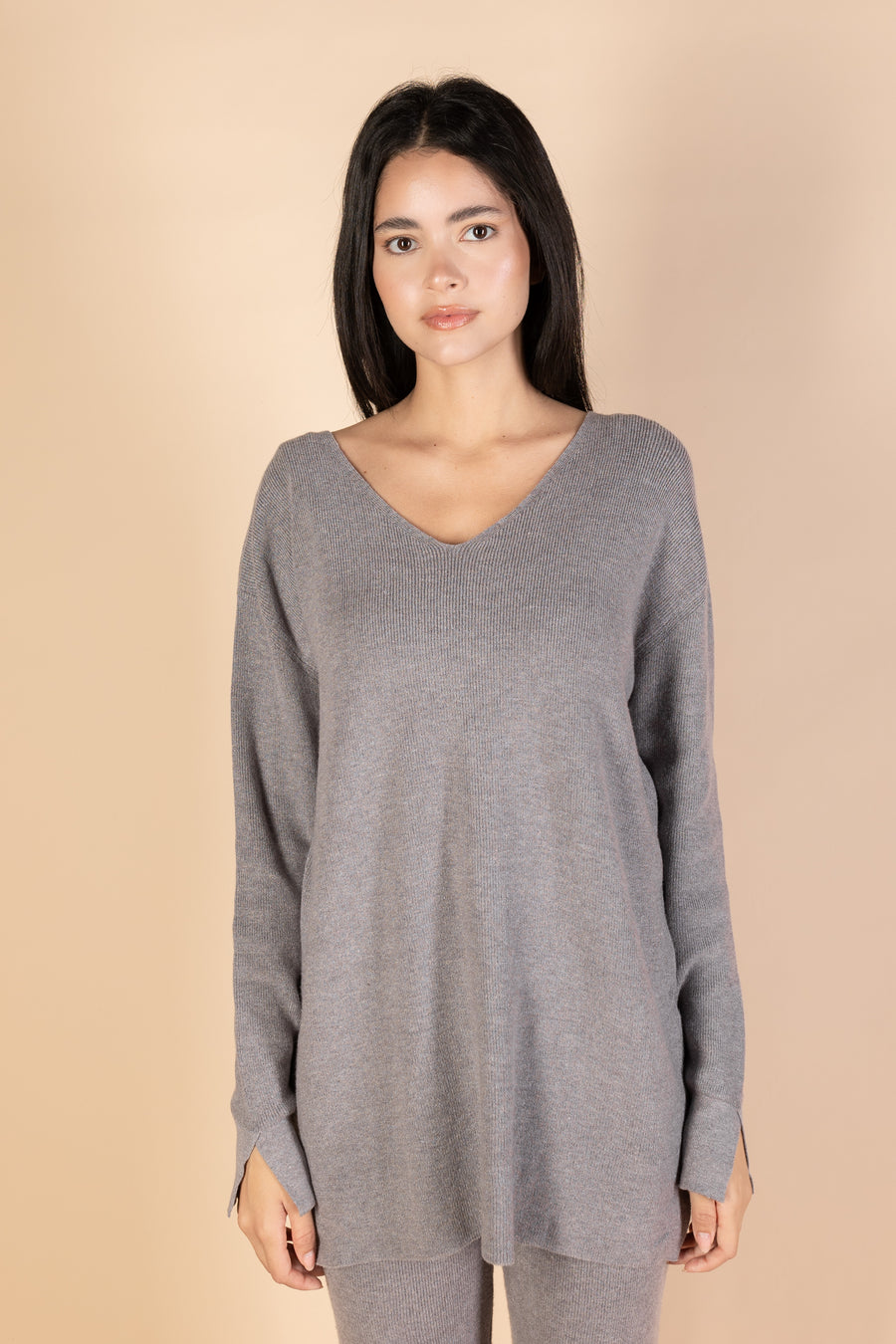 Grey V-Neck Knit Pullover