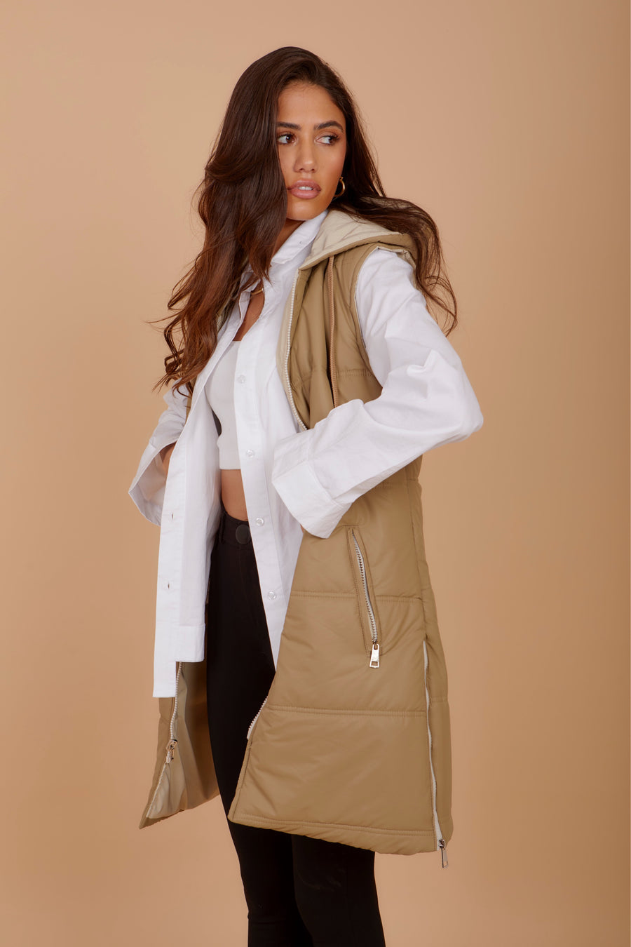 Long on the Go double face puffer Vest - Beige