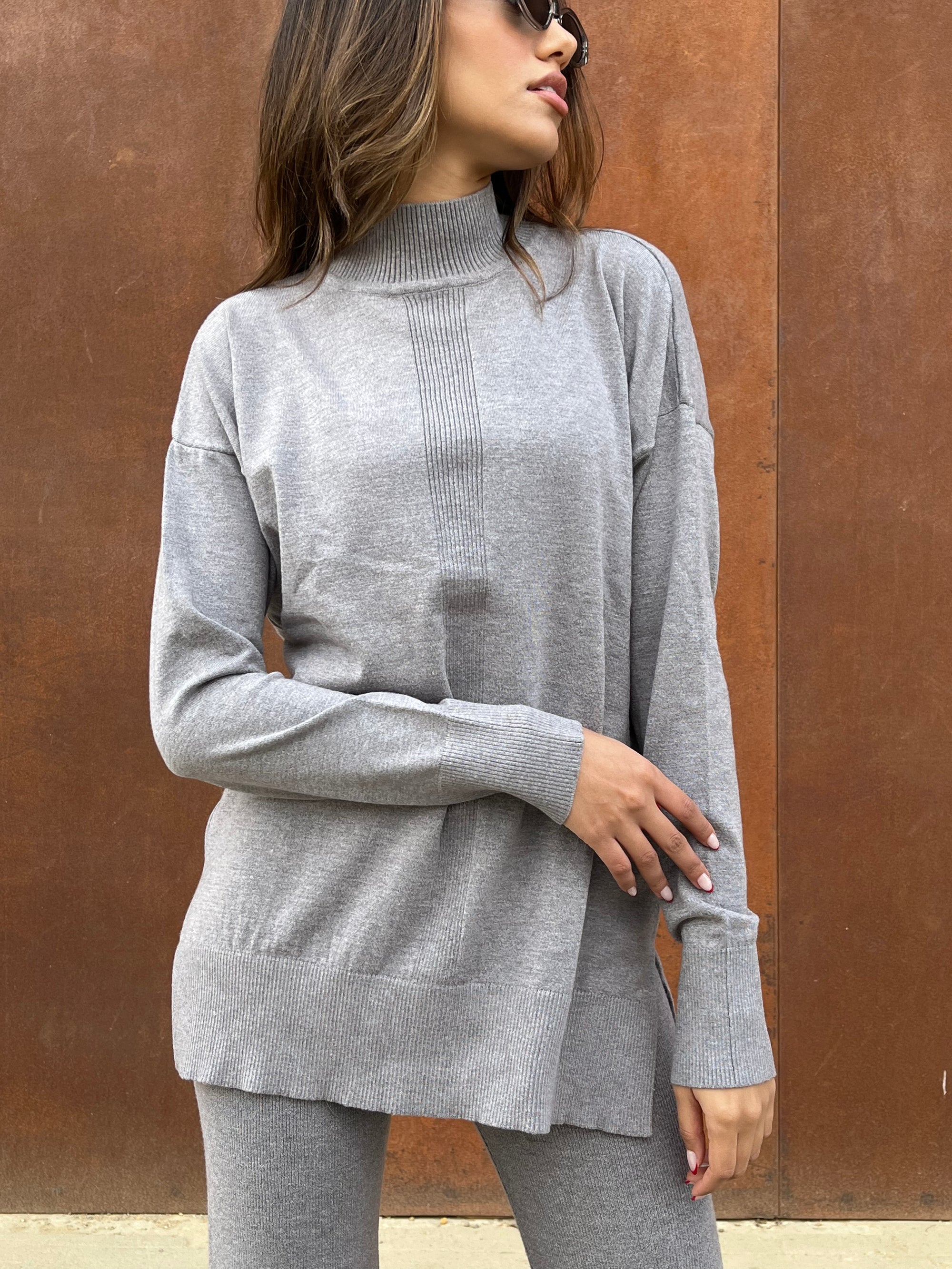Grey High Neck Knit Pullover
