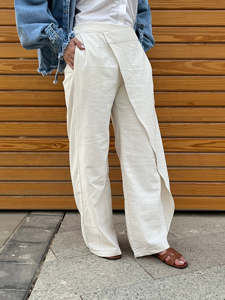 Light Beige Wrap Linen Pants - Coated