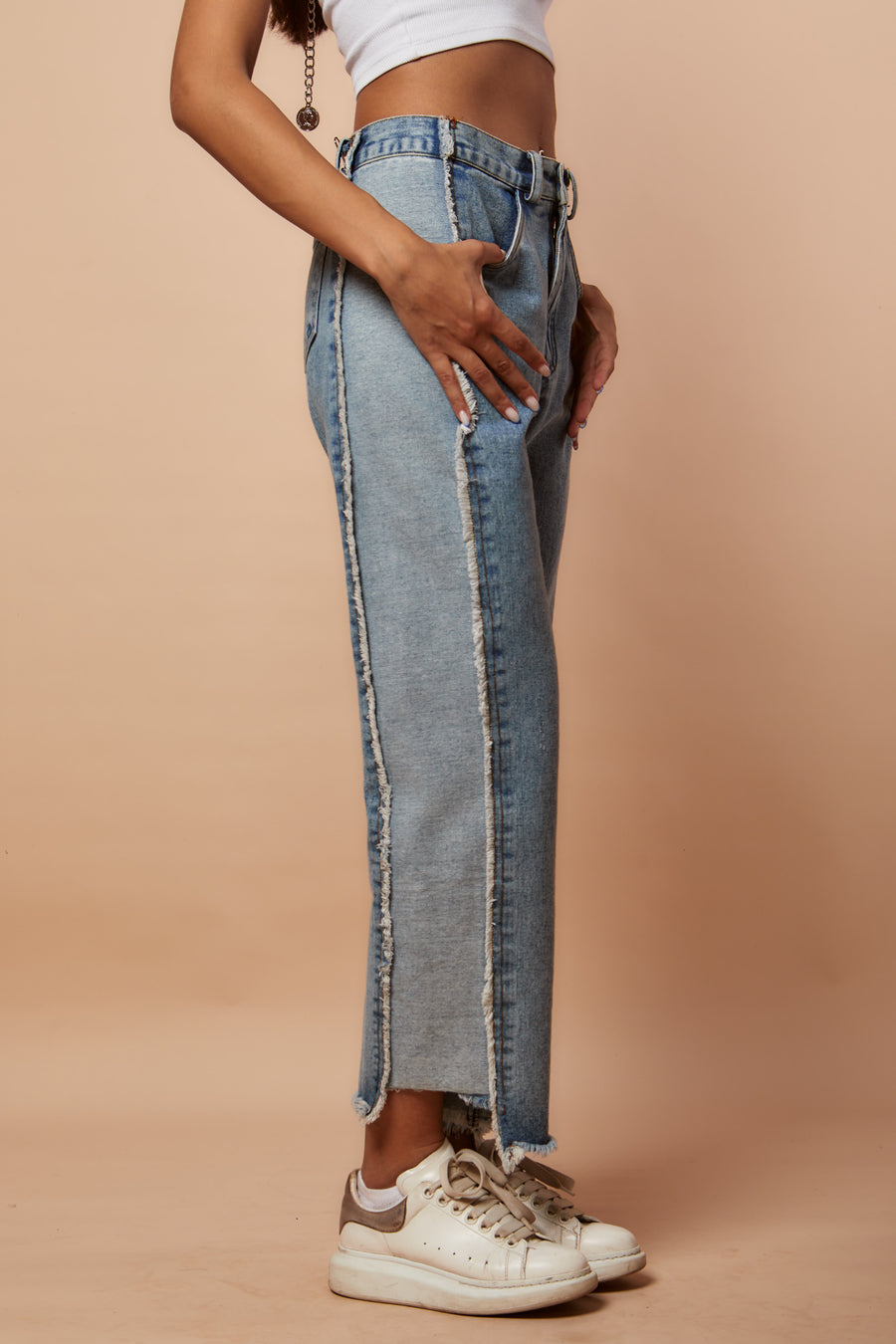 Side Fringes Jeans - Blue