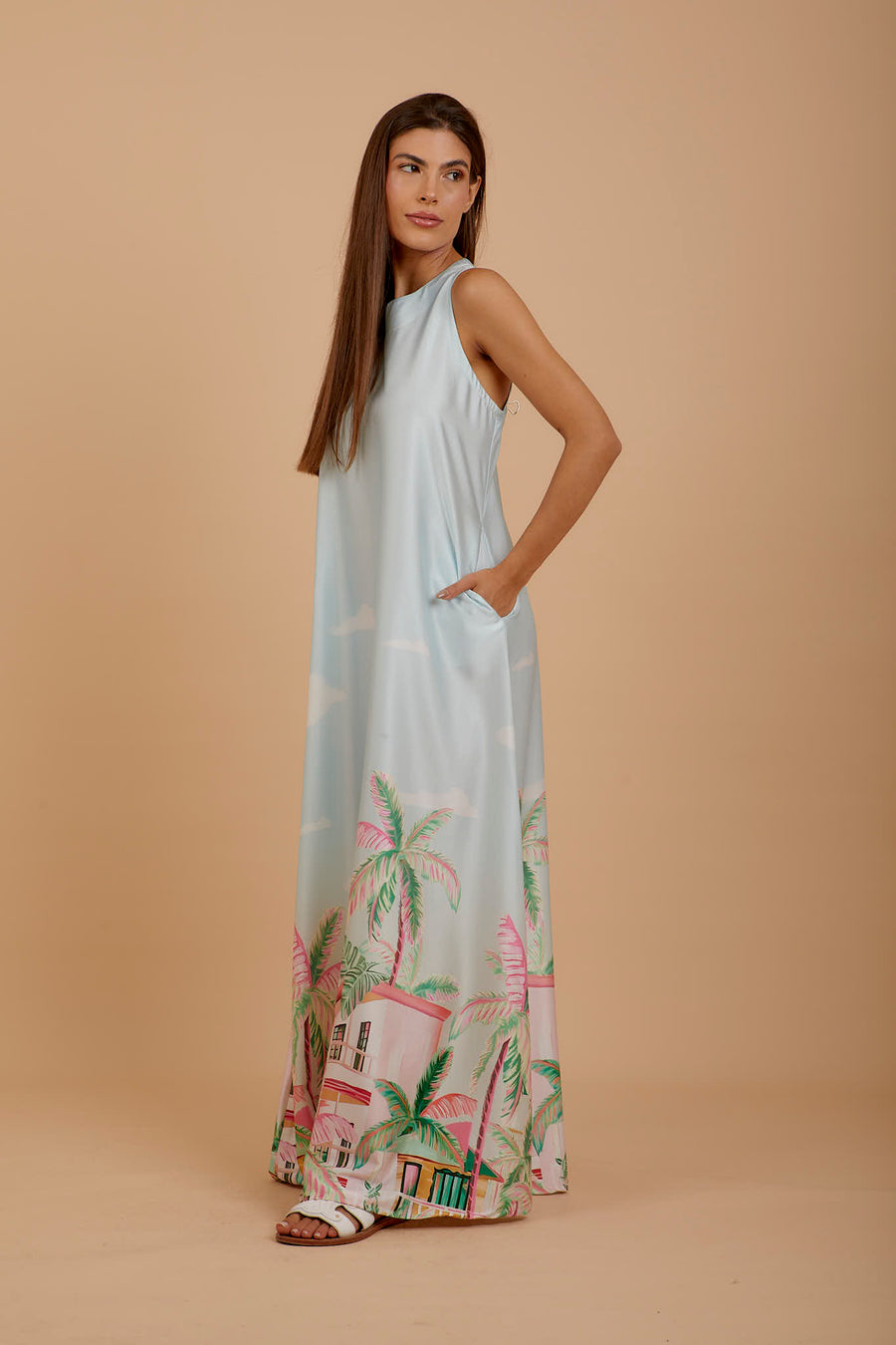 Palm print satin sleeveless Dress