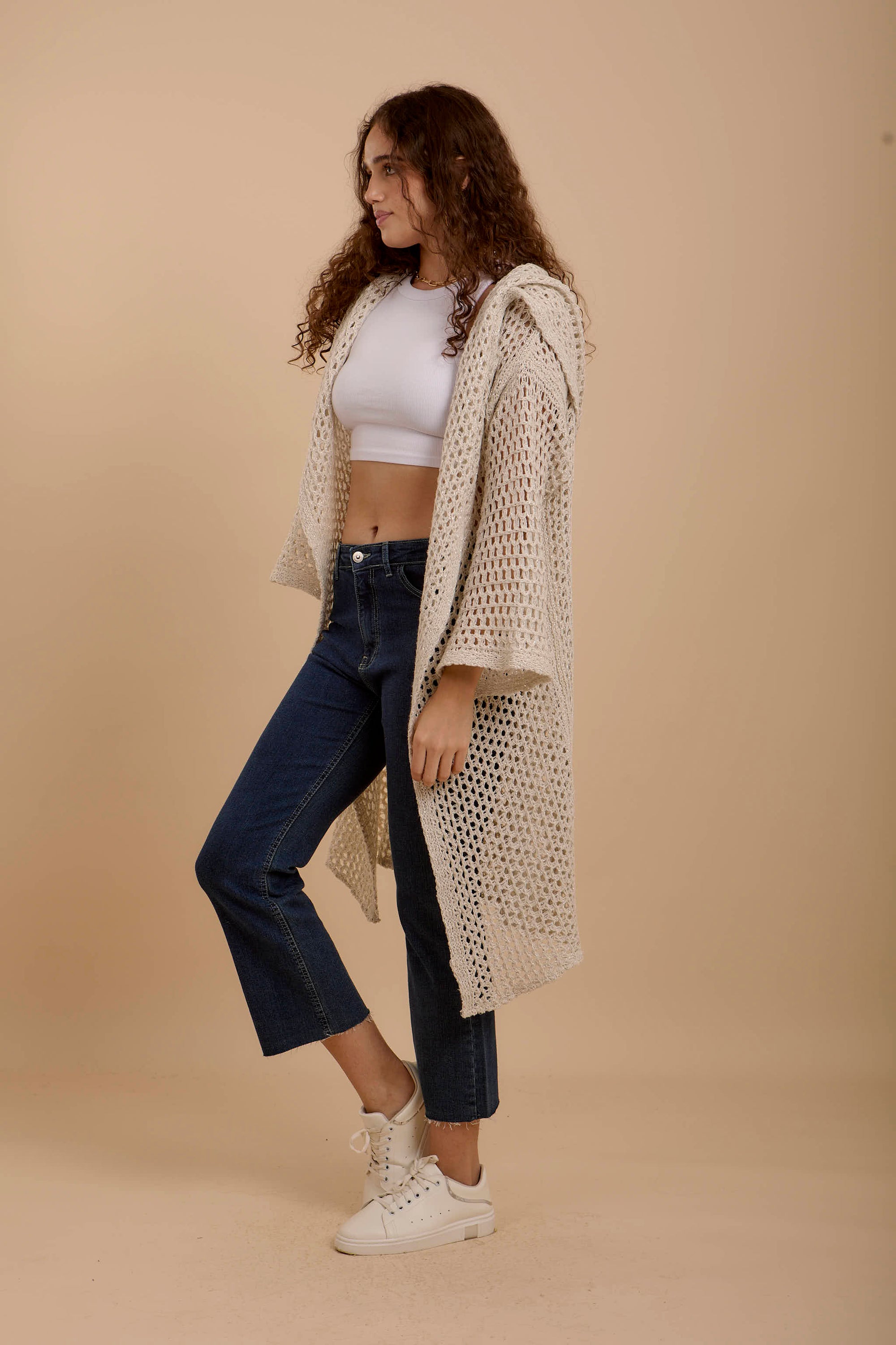 Metallic threads Crochet Jacket off-white