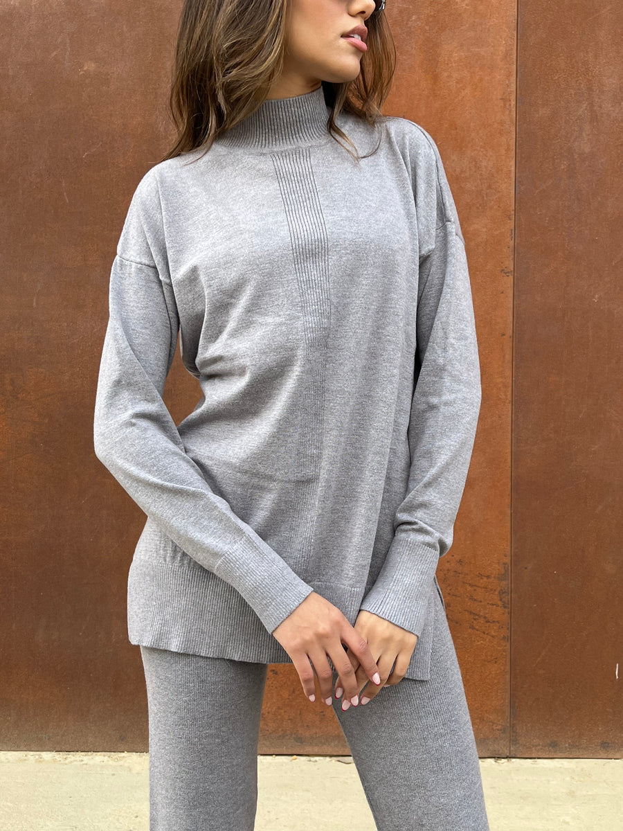 Grey High Neck Knit Pullover