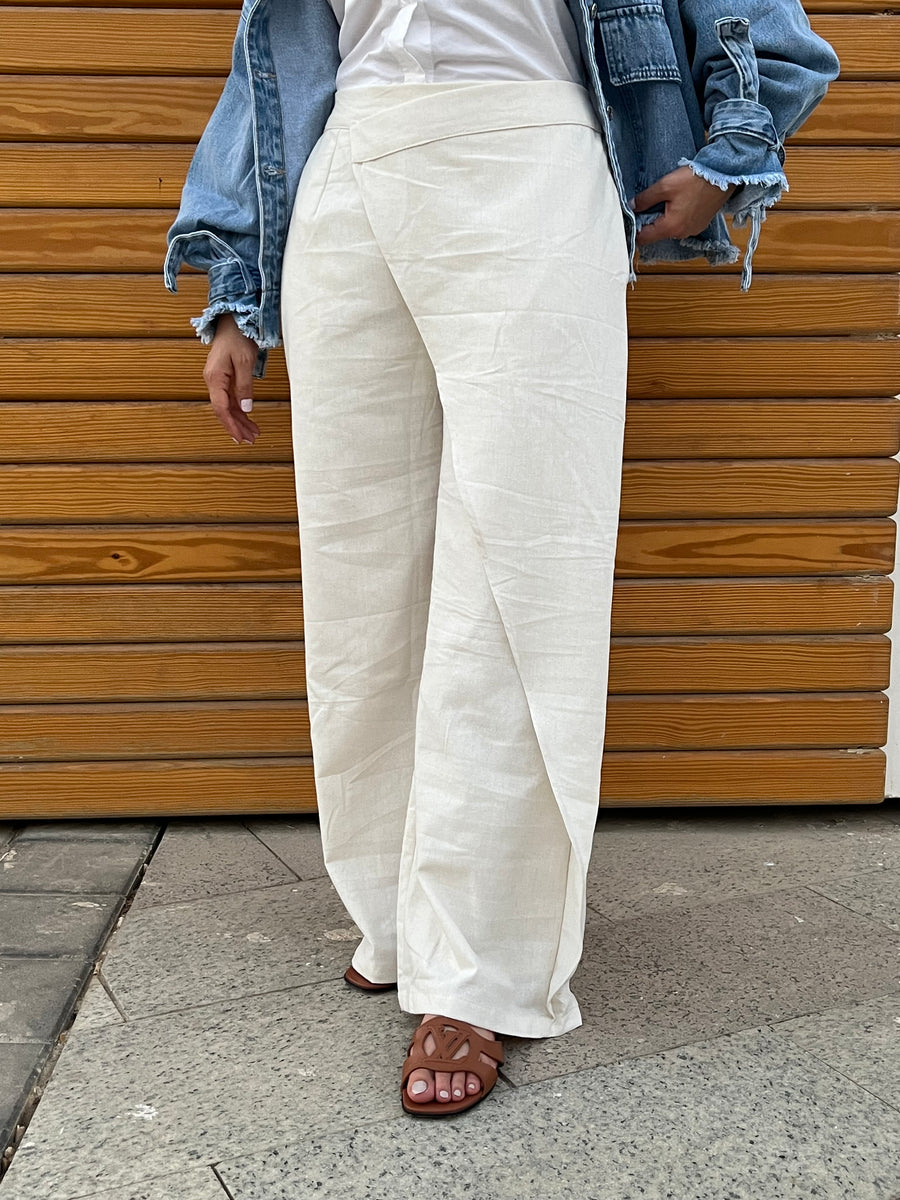 Light Beige Wrap Linen Pants - Coated