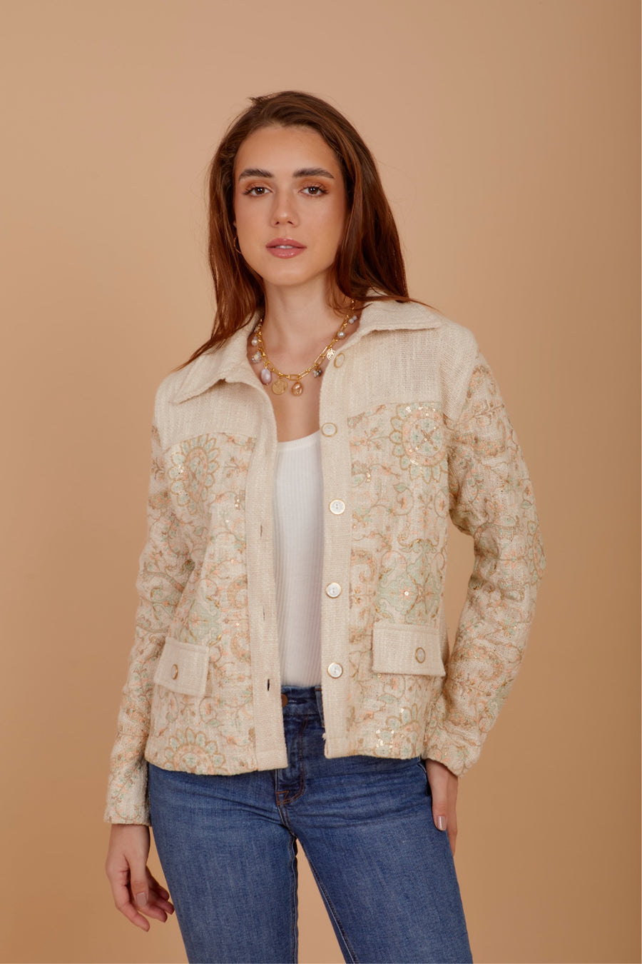 Pastels embroidered tweed jacket