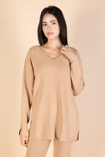 Camel V-Neck Knit Pullover