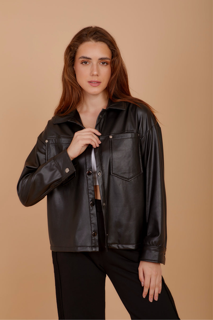 Short leather over-shirt - Black