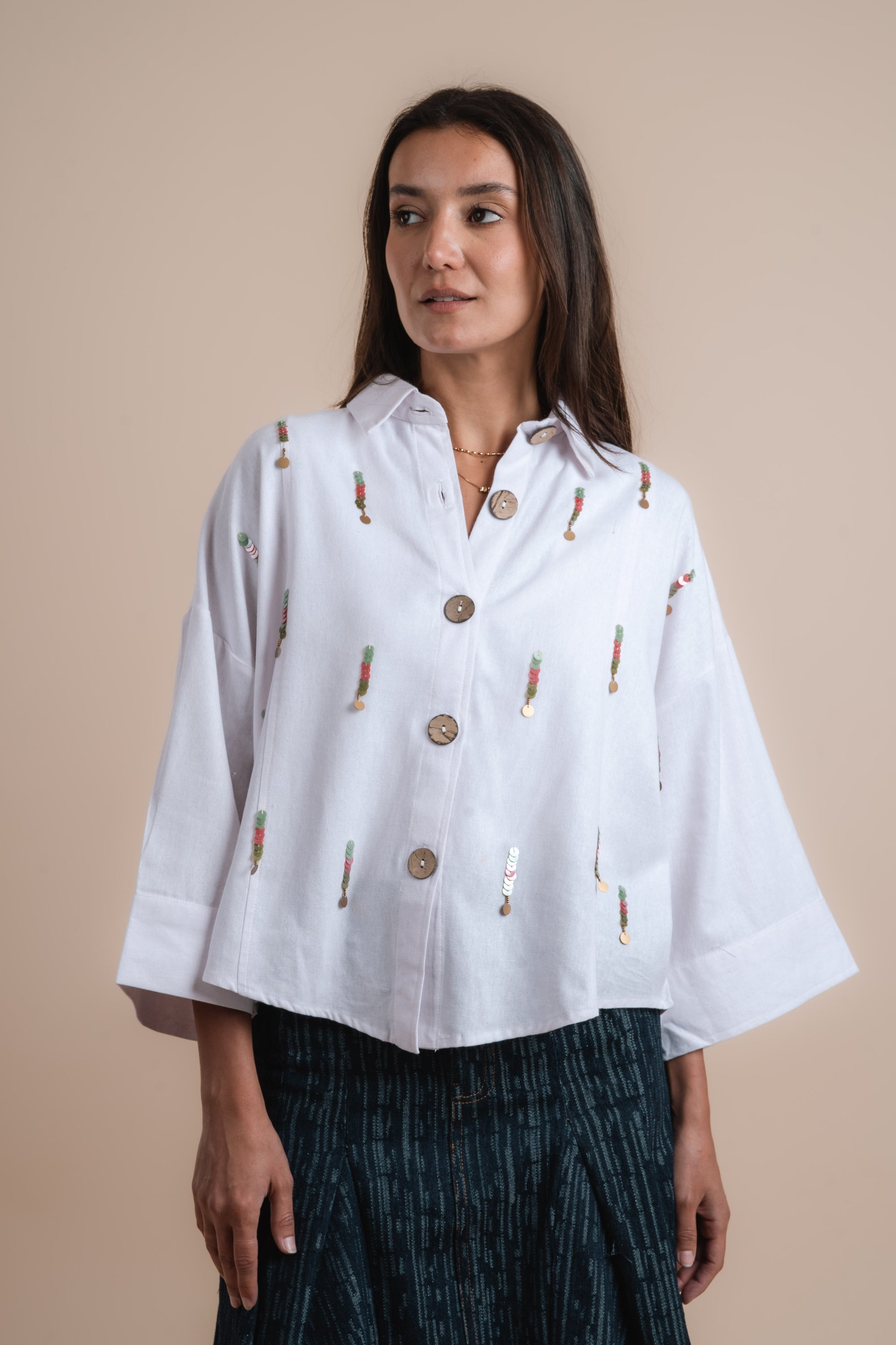 Linen shirt handmade sequins - White