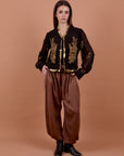 Suede Blouse,chiffon sleeves Golden handmade Work