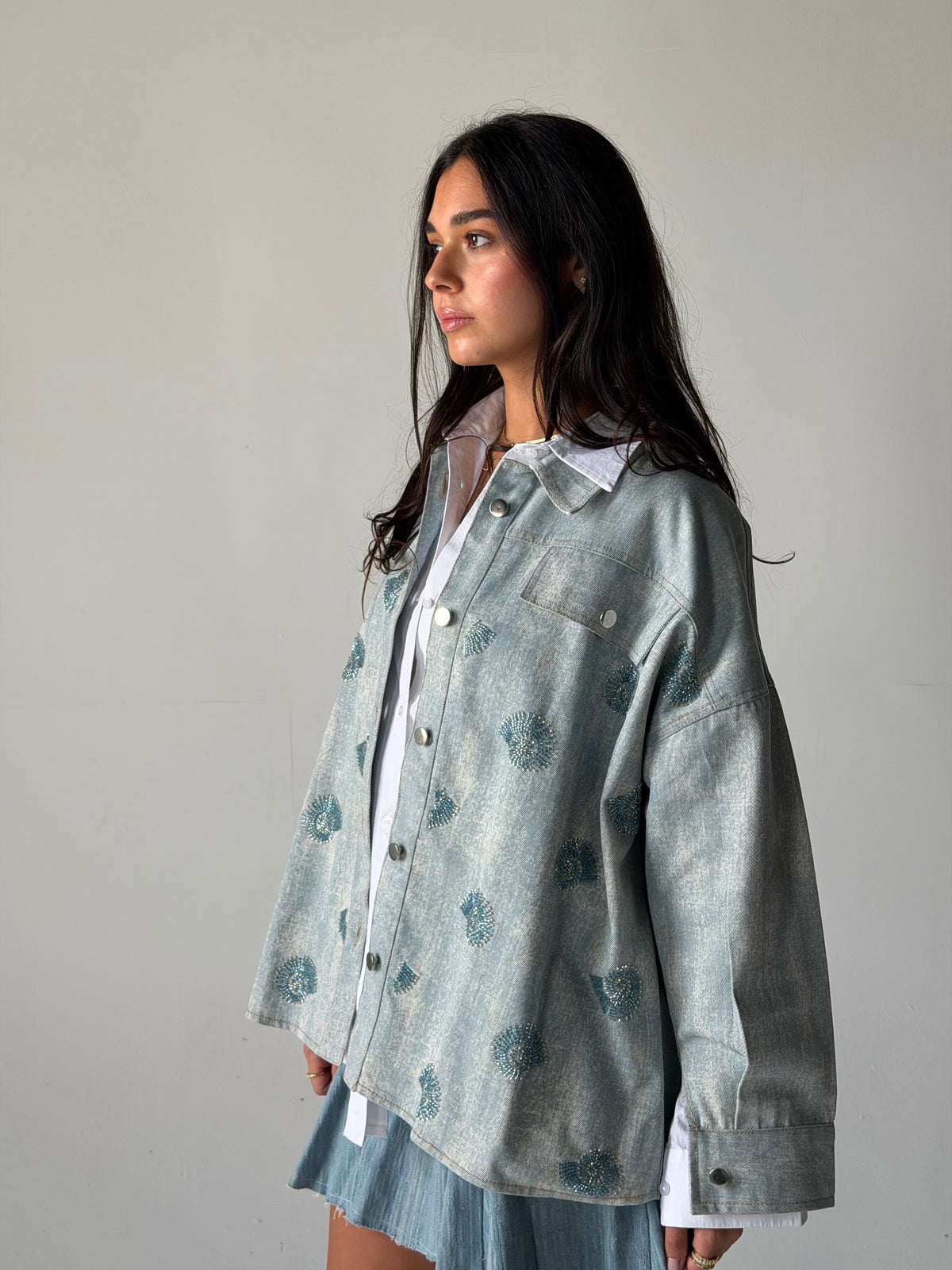 Denim shirt embelished shells- Blue