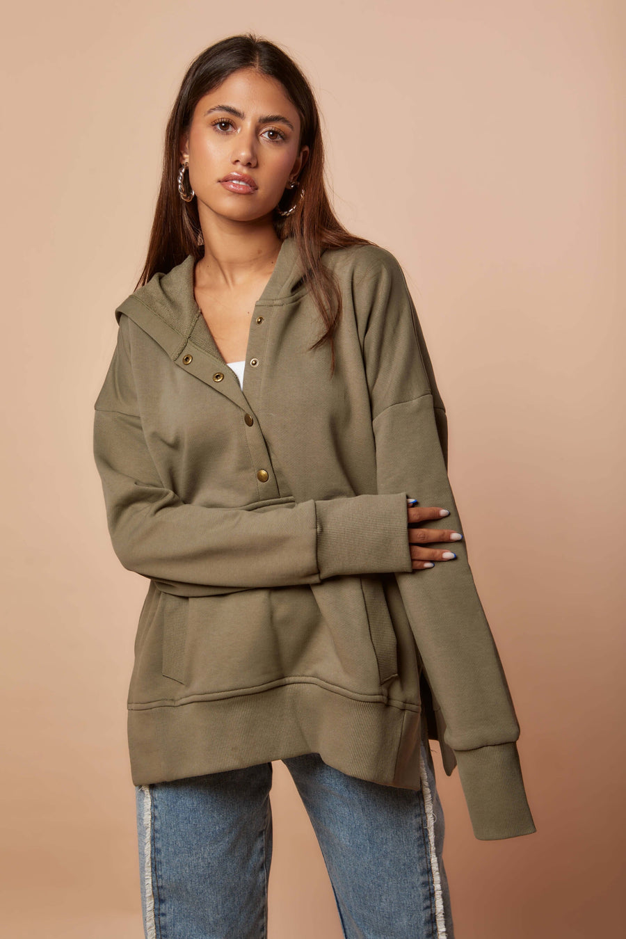 Olive Snap buttons sweat shirt