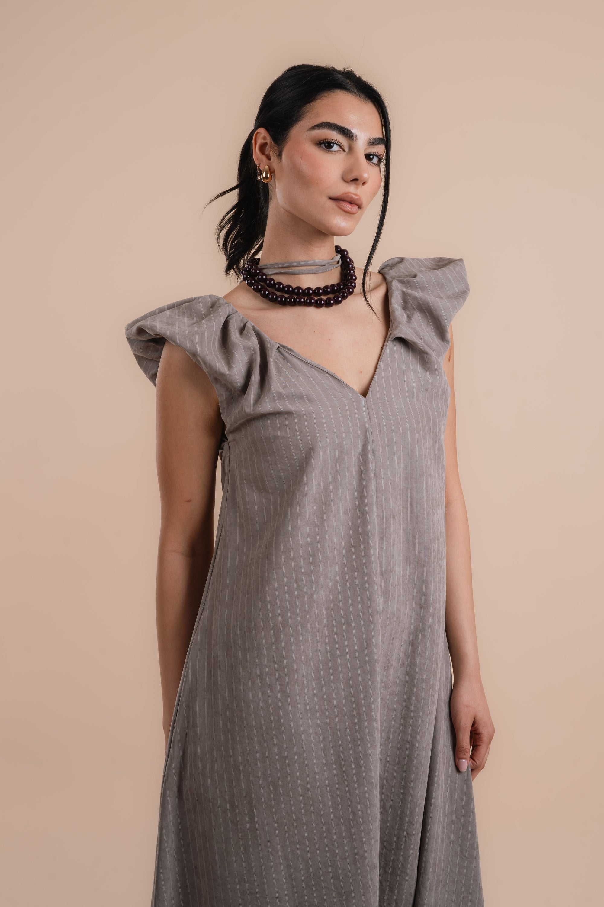 Puff sleeve Dress - Beige stripes