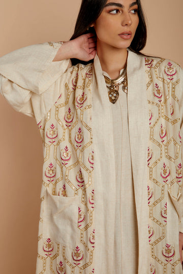 Beige & darkpink Embroidered Long Kimono