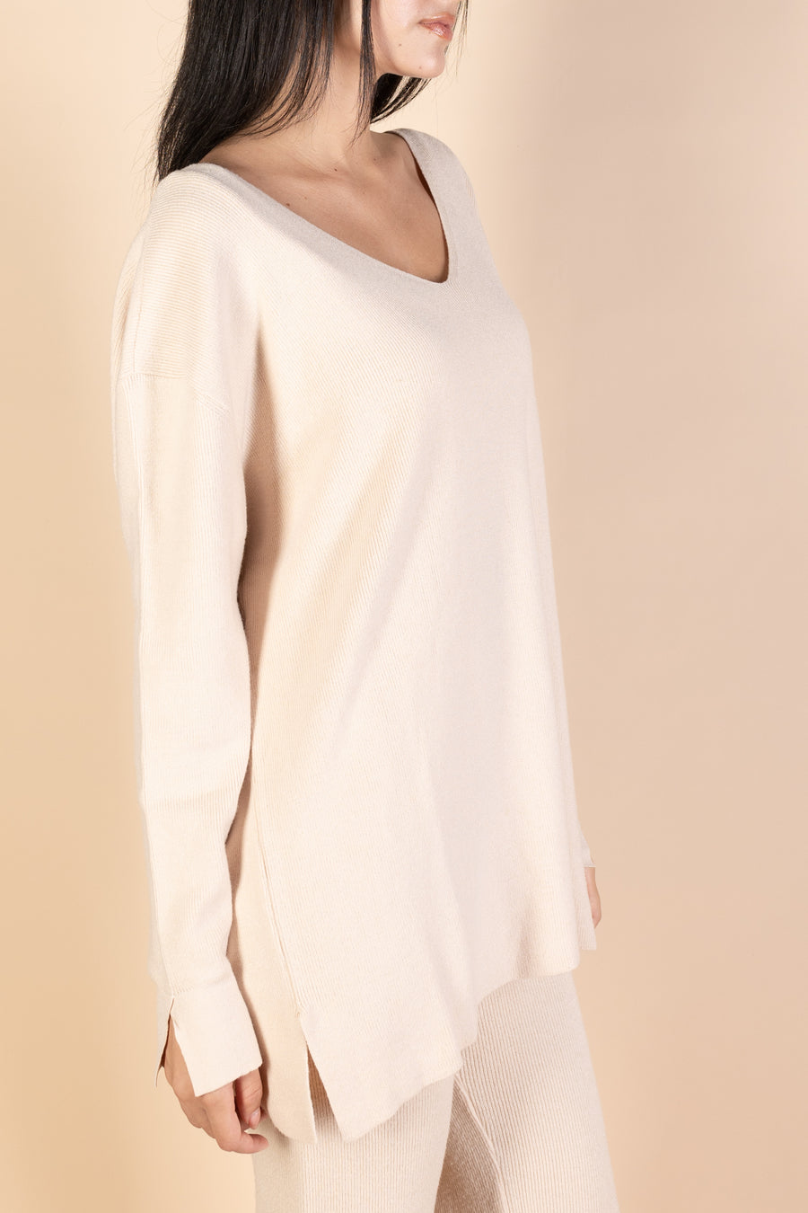 Beige V-Neck Knit Pullover