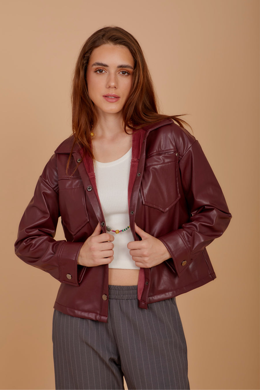 Short leather over-shirt - Burgundy