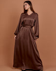 Brown V-neck satin Dress