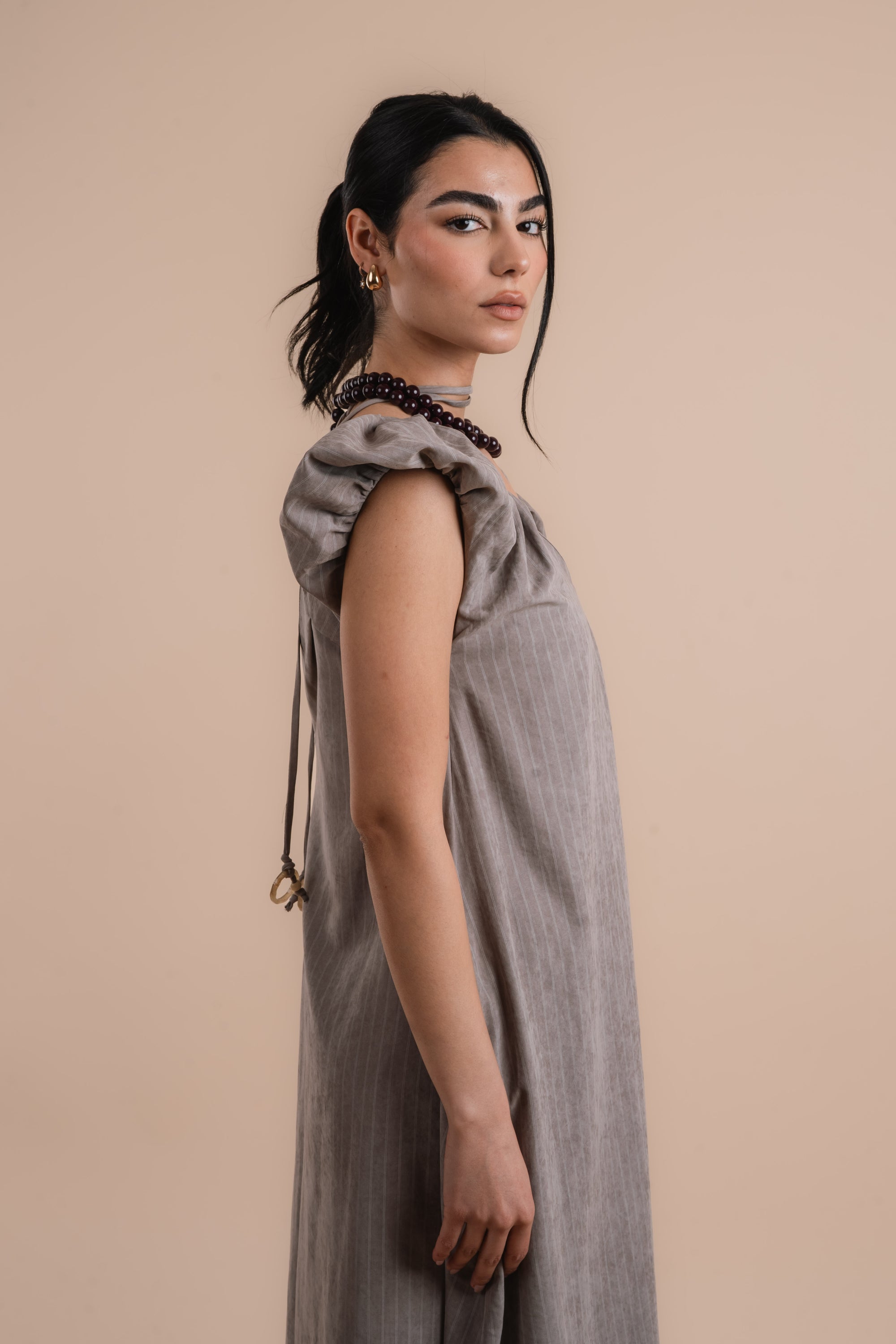 Puff sleeve Dress - Beige stripes