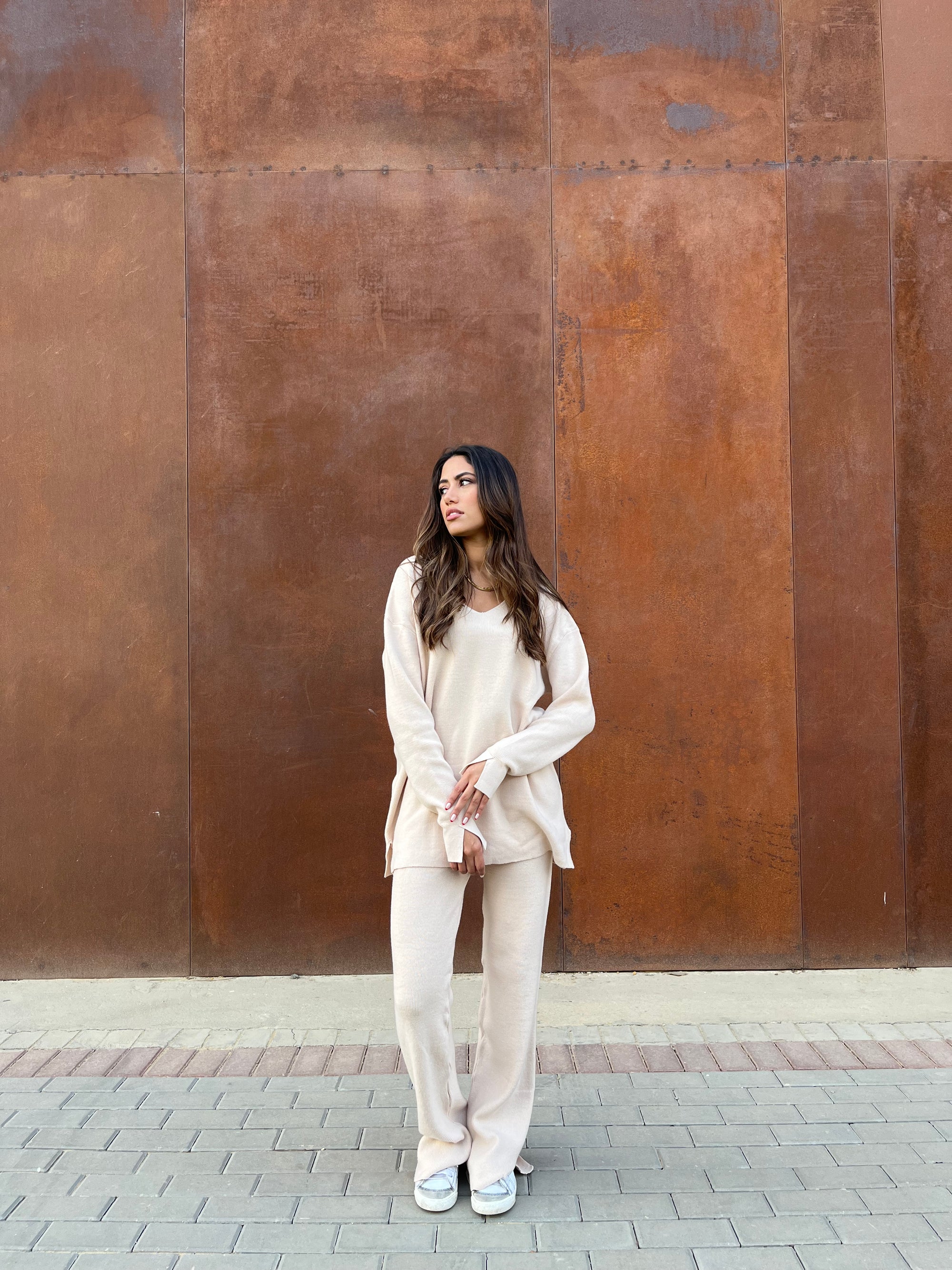 Beige V-Neck Knit Pullover