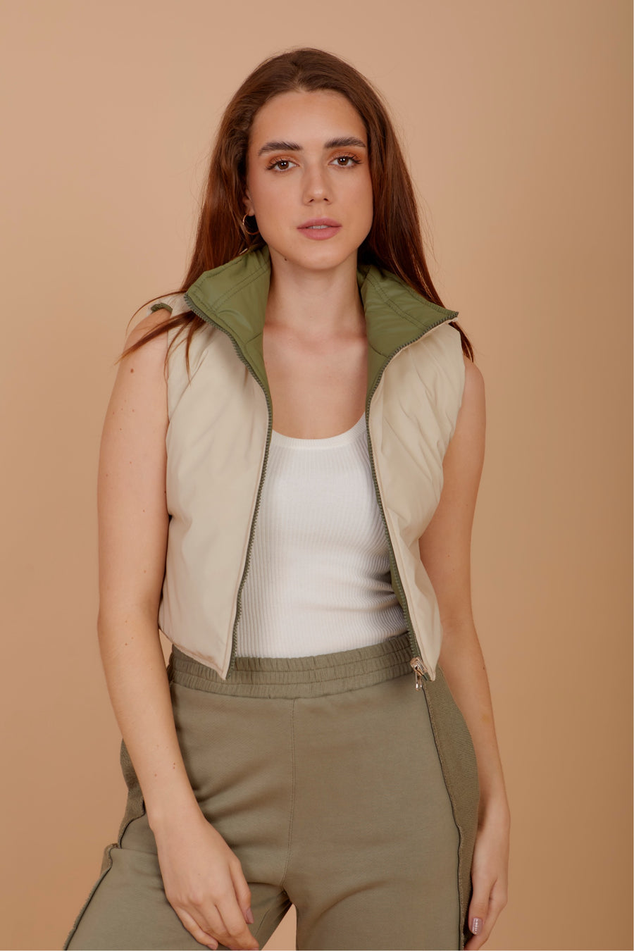 Short double face puffer Vest - Olive