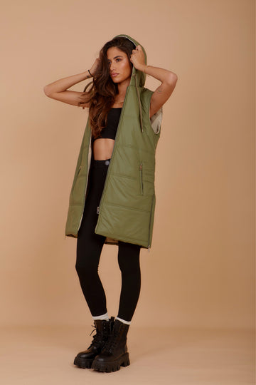 ( Restocking ) Long on the Go double face puffer Vest - Olive