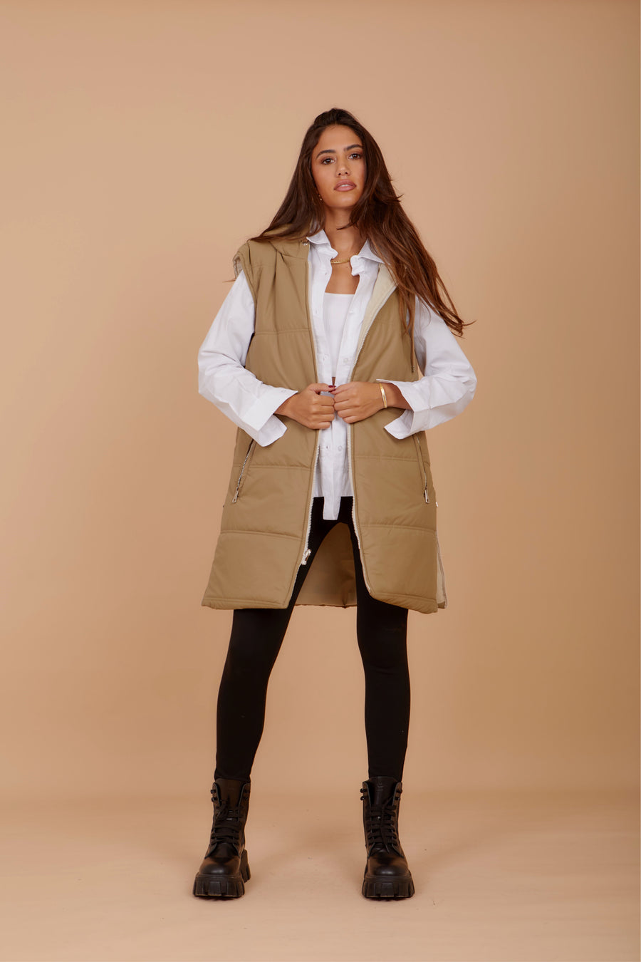 Long on the Go double face puffer Vest - Beige