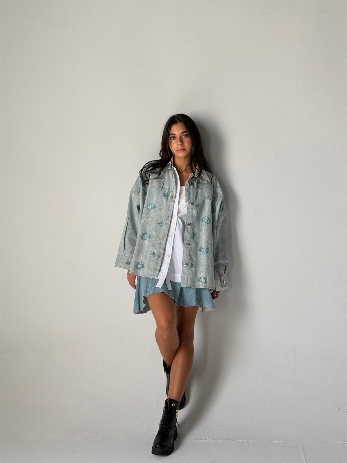 Denim shirt embelished shells- Blue