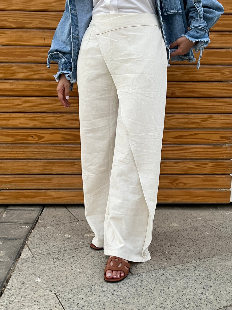 Light Beige Wrap Linen Pants - Coated