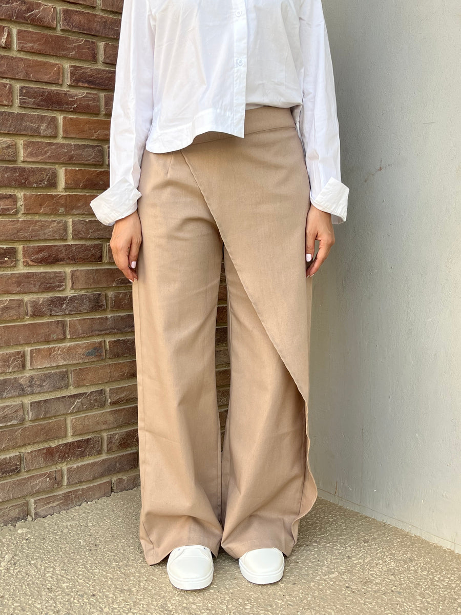 Dark Beige Wrap Linen Pants