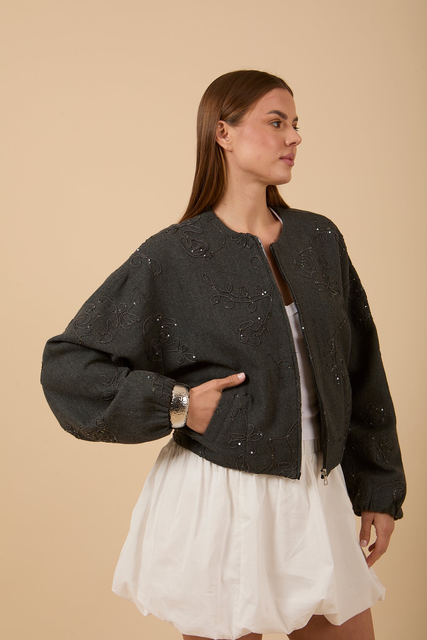 Embroidered &amp; sequins Grey Bomber