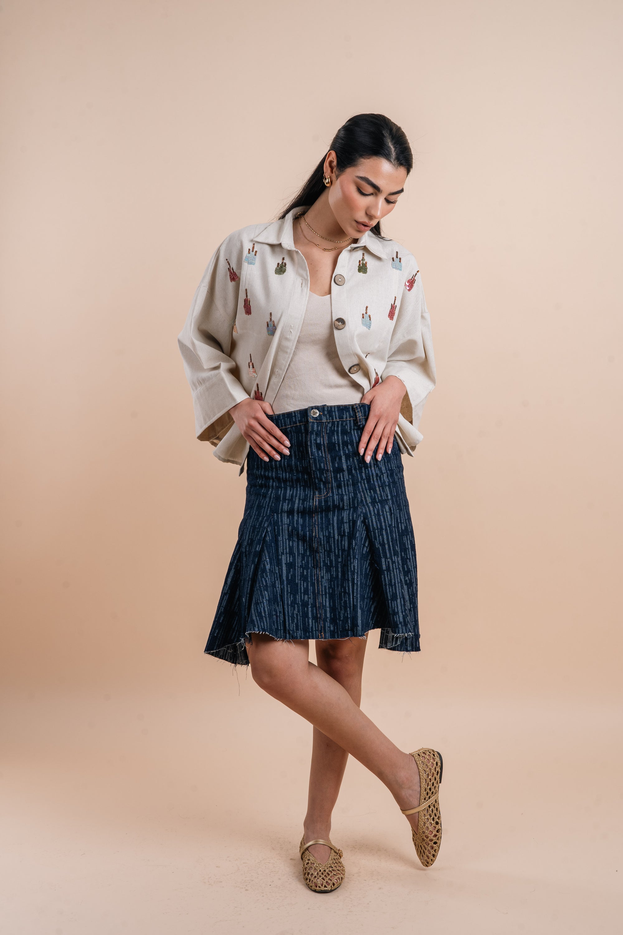 Linen shirt handmade sequins - Beige