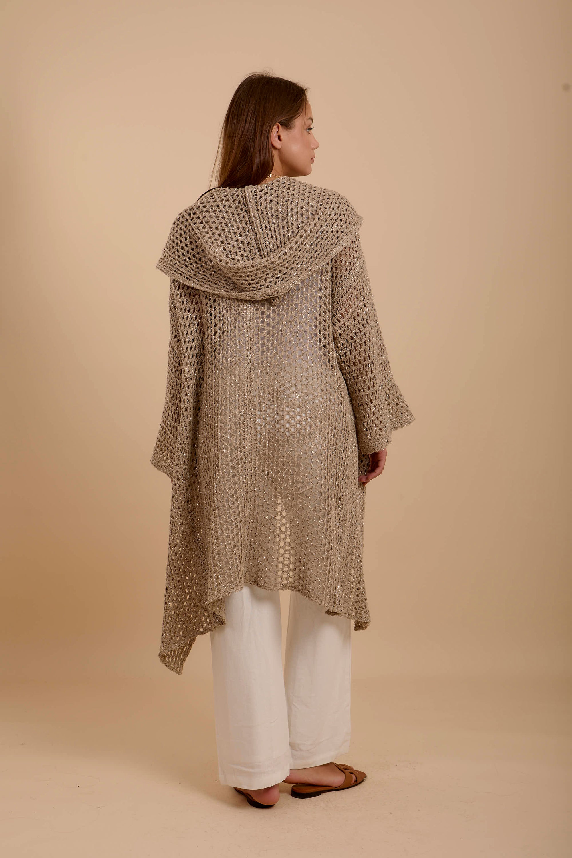 Metallic threads Crochet Jacket Beige