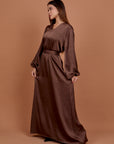Brown V-neck satin Dress