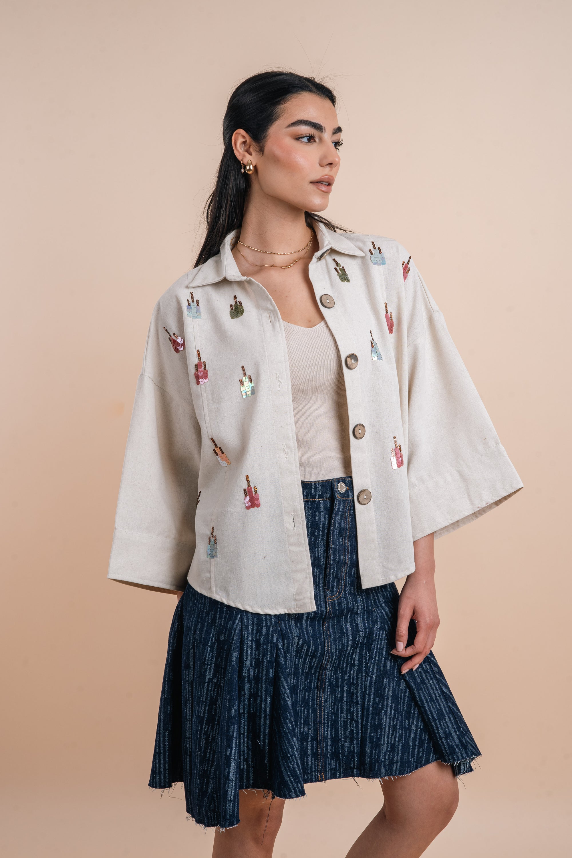 Linen shirt handmade sequins - Beige