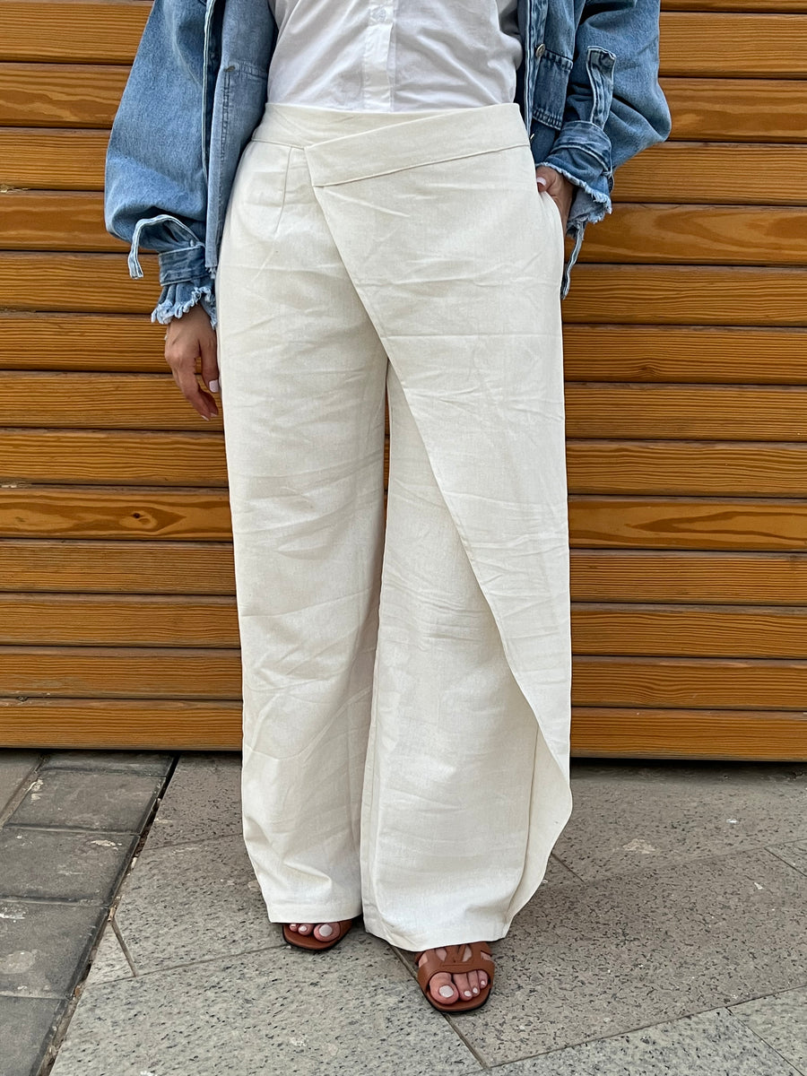 Light Beige Wrap Linen Pants - Coated