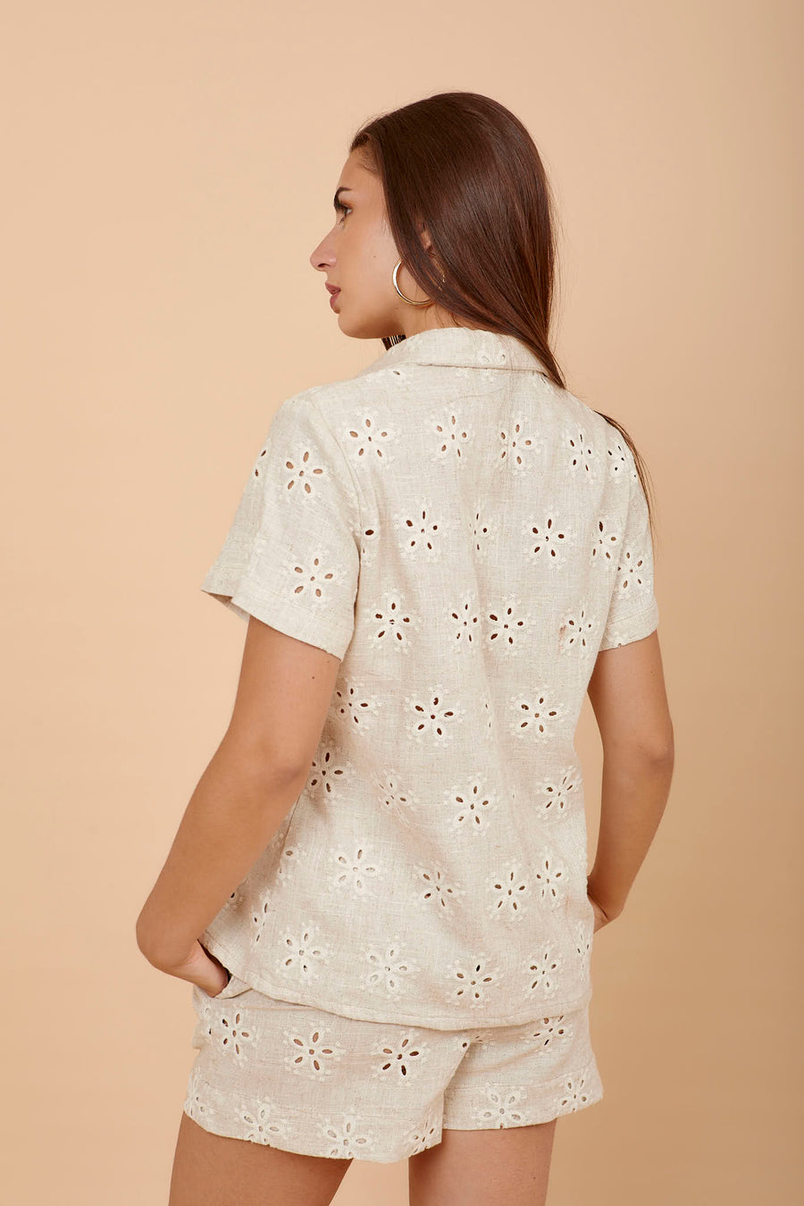 Beige embroidered short and shirt set