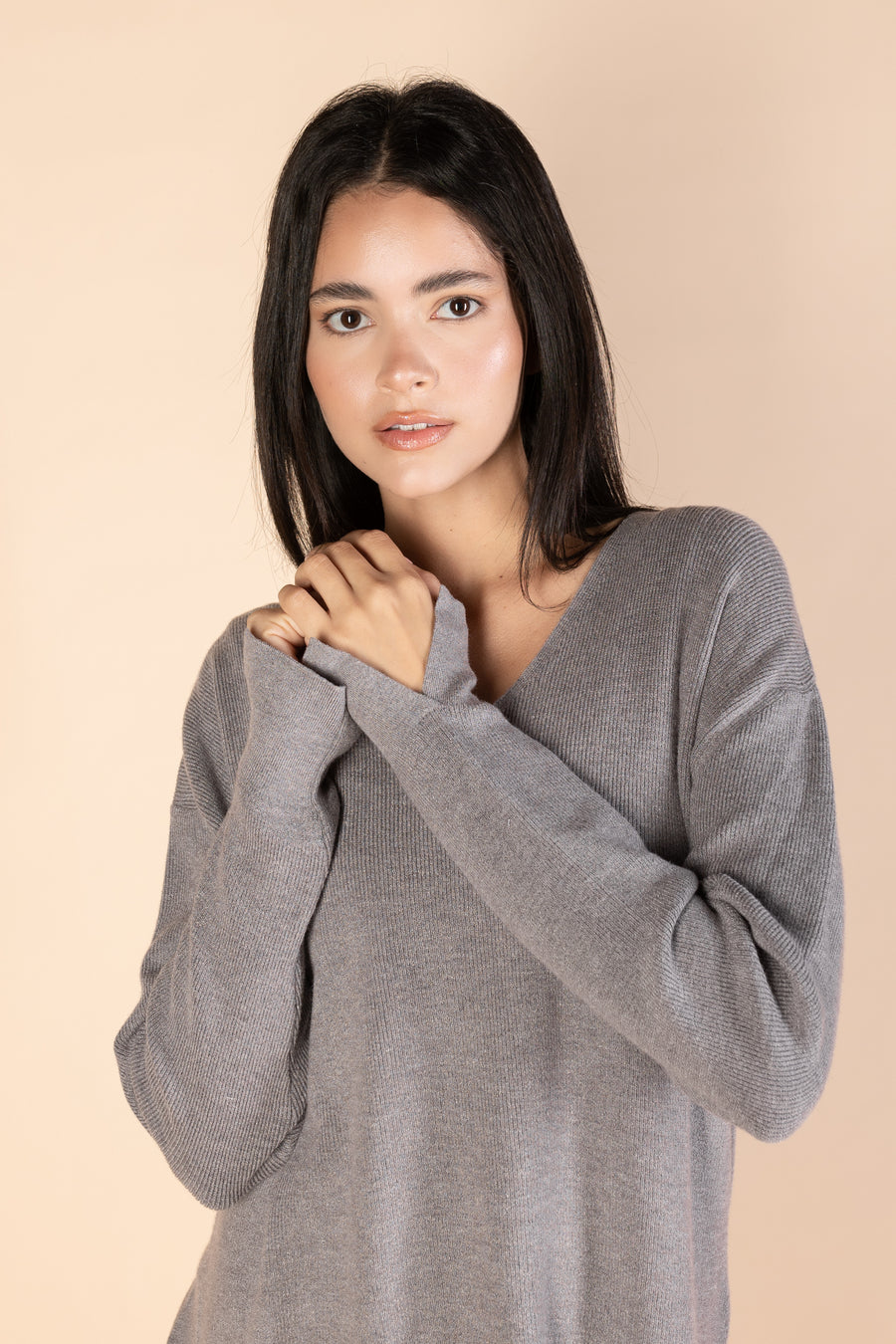 Grey V-Neck Knit Pullover