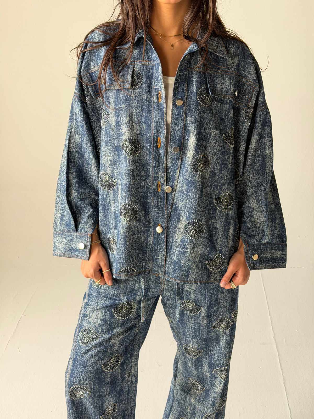 Denim shirt embelished shells- Navy