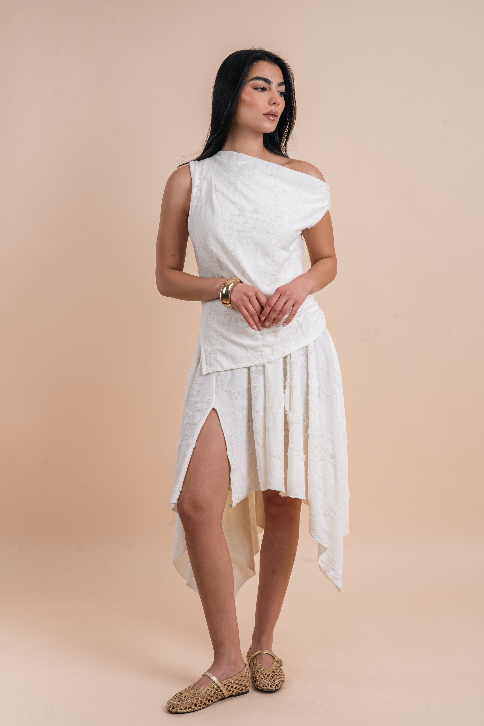 Restocking _ Asymmetric Draped Top - white