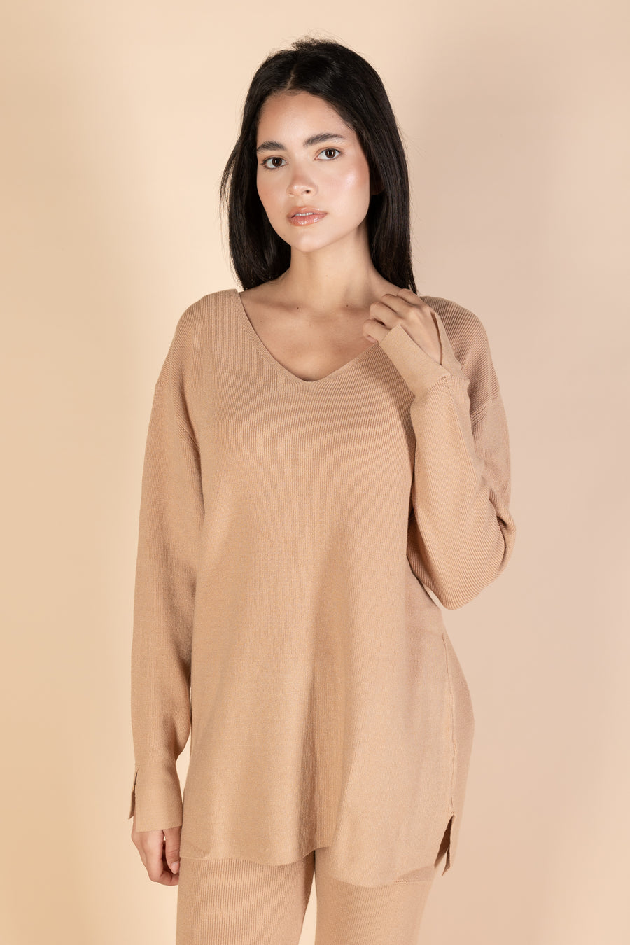 Camel V-Neck Knit Pullover