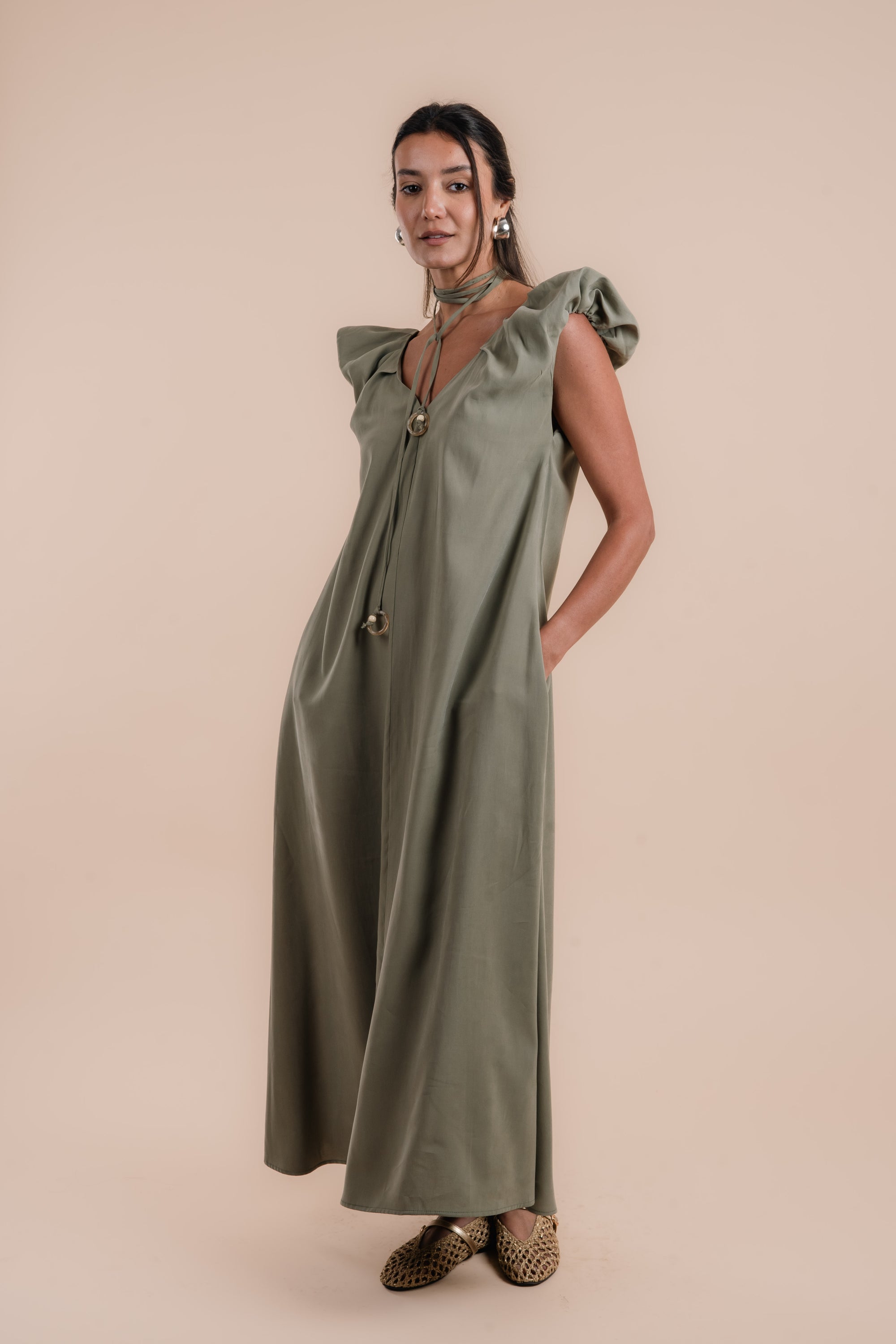 Puff sleeve Dress - Olive