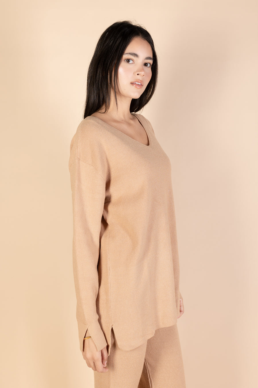 Camel V-Neck Knit Pullover