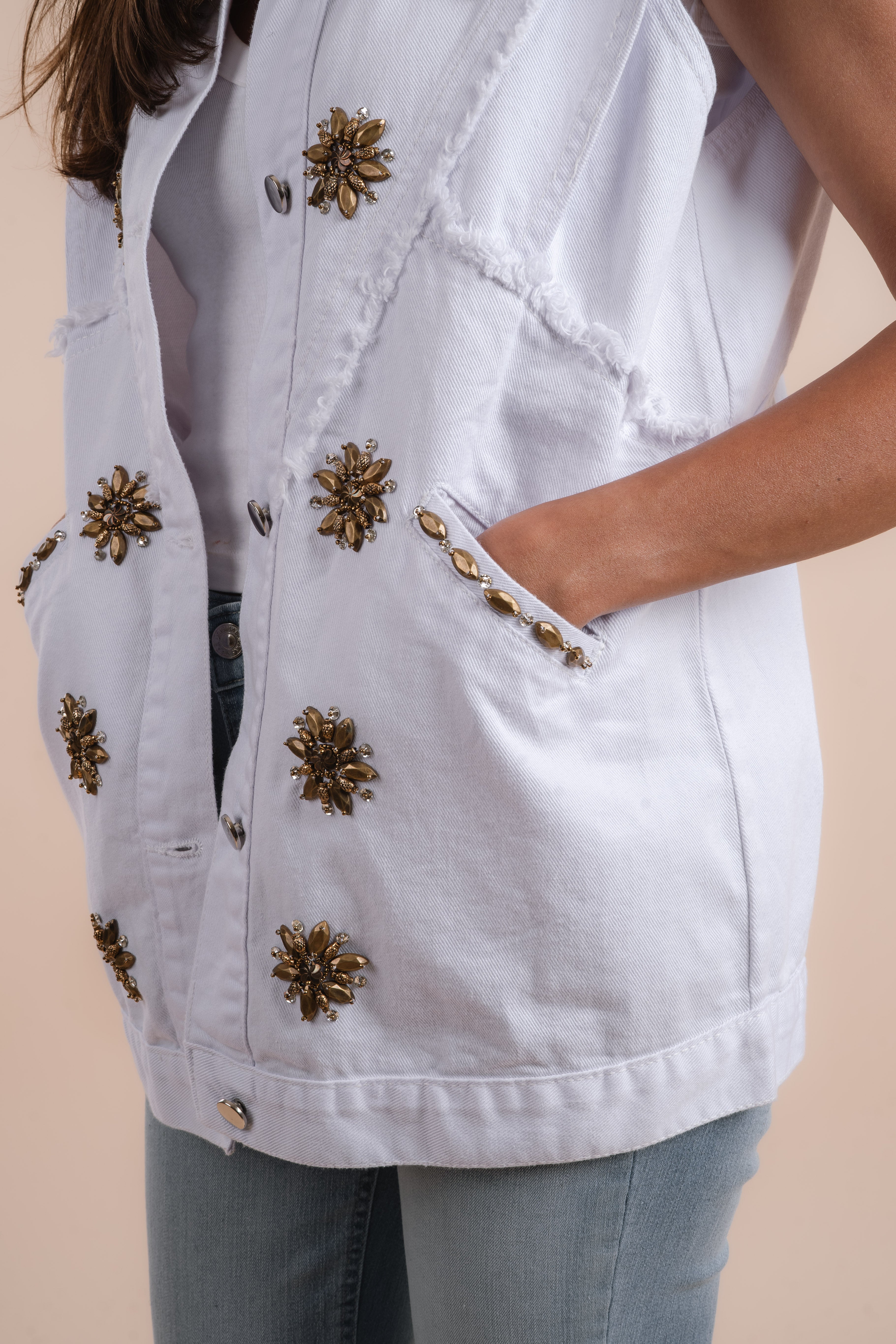 White denim vest gold embelishments – nahlaelalfydesigns