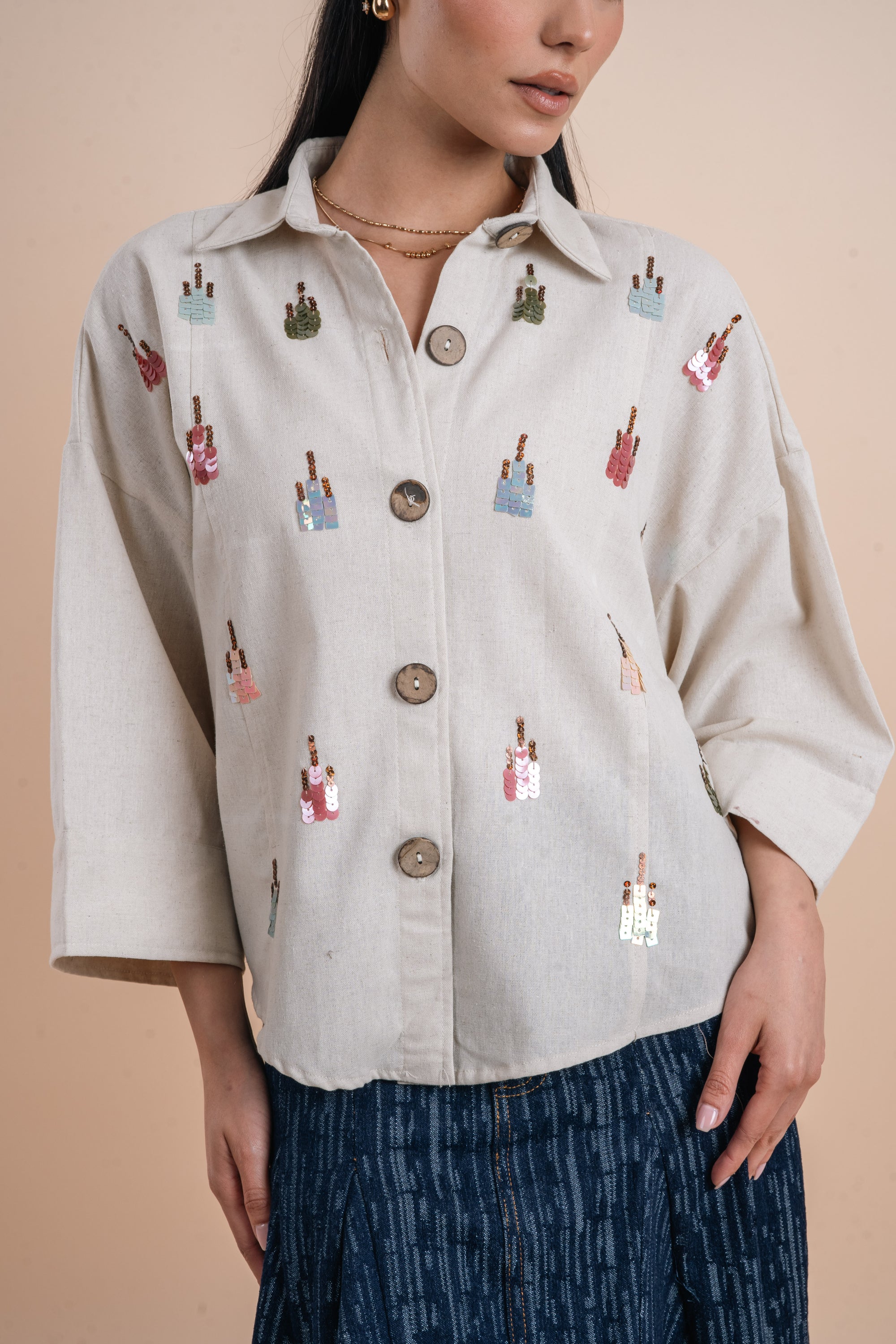 Linen shirt handmade sequins - Beige
