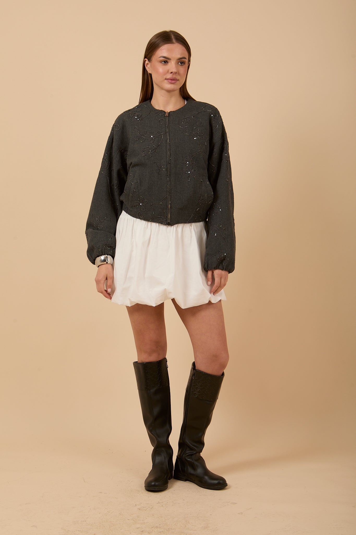 Embroidered &amp; sequins Grey Bomber