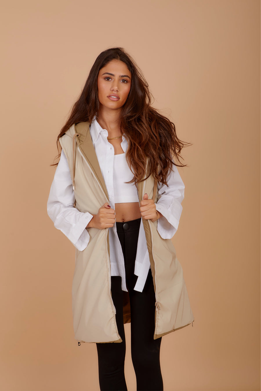 Long on the Go double face puffer Vest - Beige