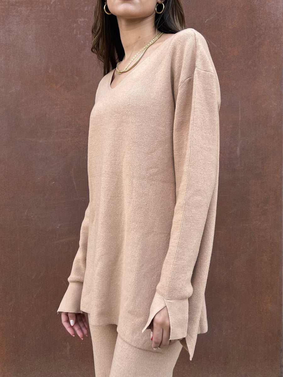 Camel V-Neck Knit Pullover