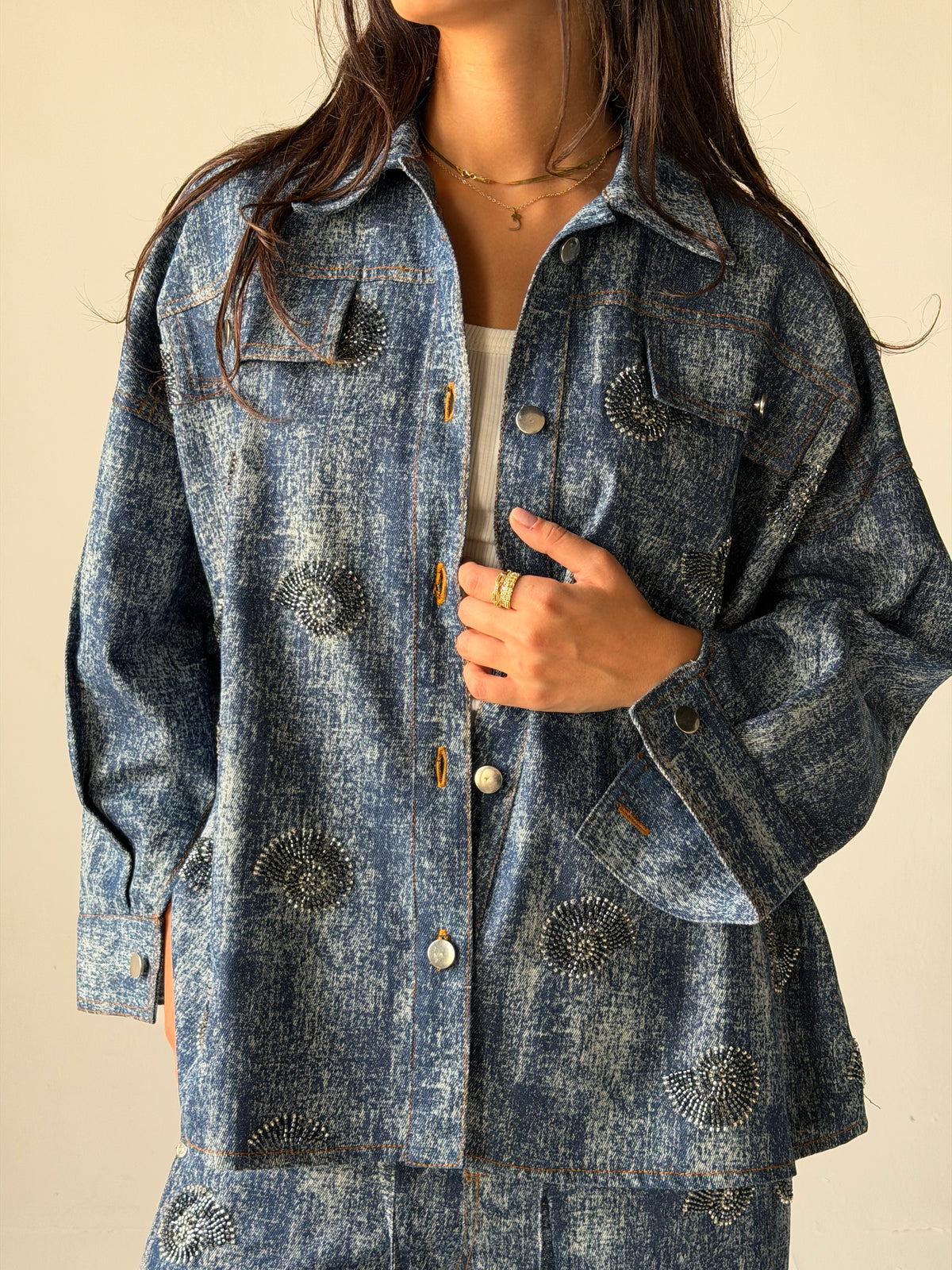 Denim shirt embelished shells- Navy